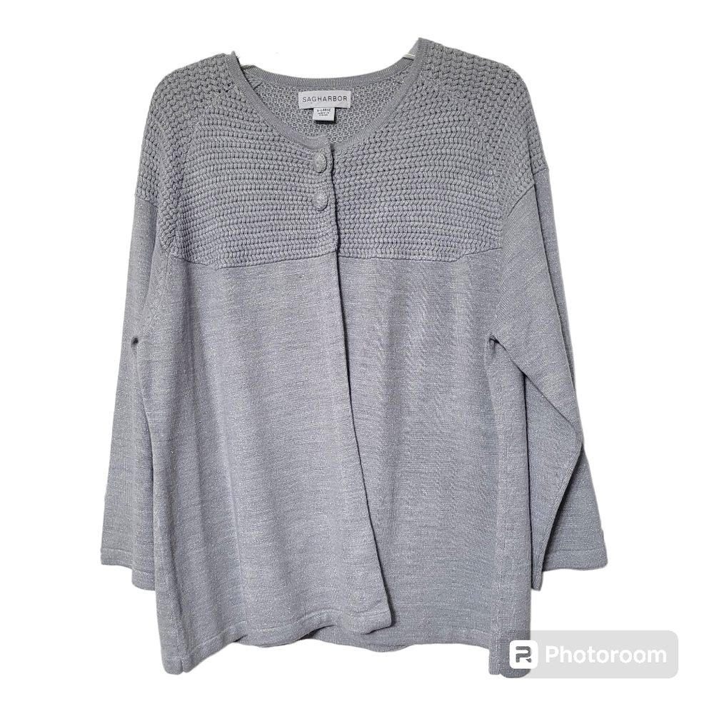Sag Harbor Grey Sparkly Silver Metallic 2 Button Sweater Size‎ XL